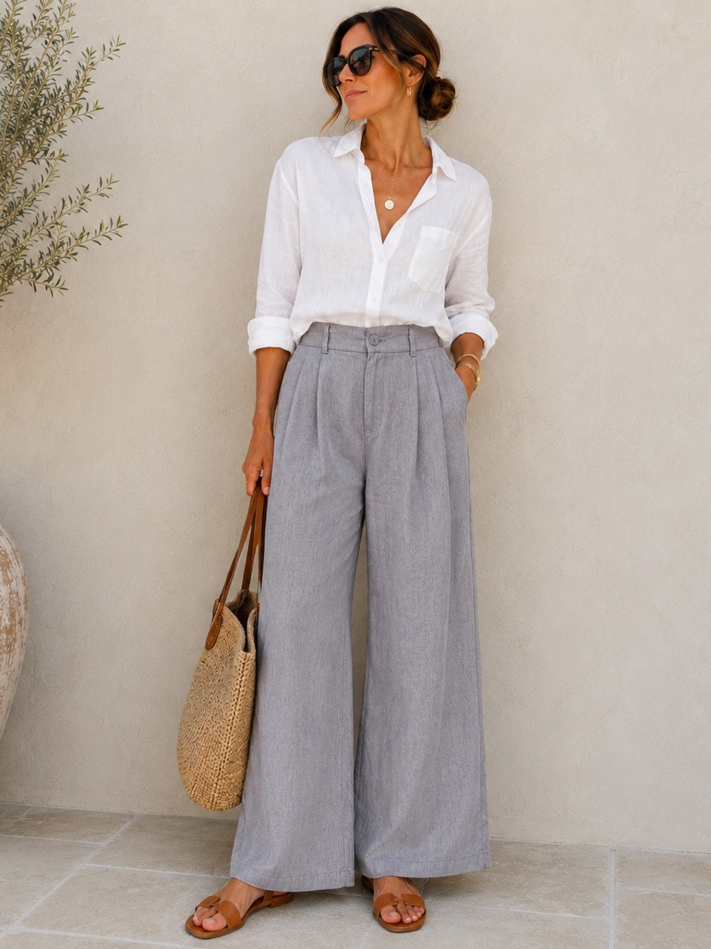 Linen Blend Wide Leg High Rise Pants Gray Pleated Relaxed Resort